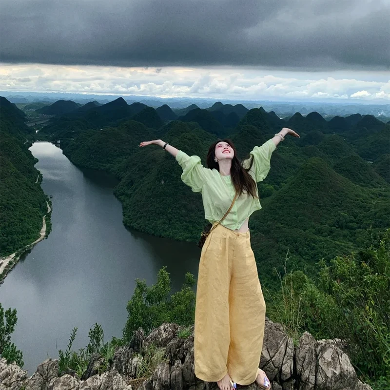 2025夏季新款多韩系巴胺穿搭薄款衬衫上衣搭配休闲裤显瘦两件套女