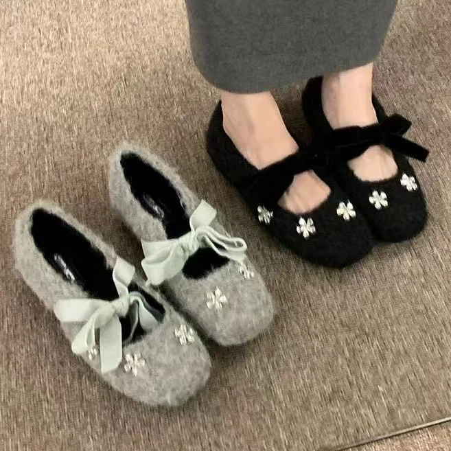 甜美蝴蝶结芭蕾风玛丽珍鞋女少女感秋冬加绒加厚毛绒保暖晚晚鞋女