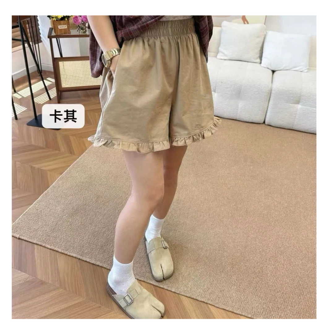 Hjie-荷叶边短裤花苞短裤少女感宽松紧腰花边裤8537