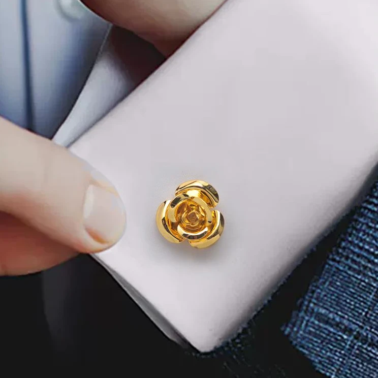 金色玫瑰花袖扣男士法式衬衫衬衣袖钉高端结婚新郎装饰领带夹高级