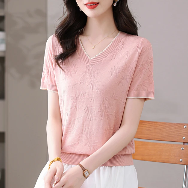 【天丝】时尚百搭V领小衫2025新款夏薄款爆款宽松短袖女洋气妈妈装