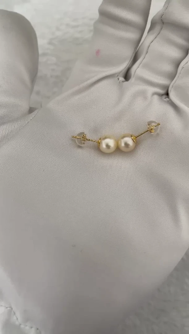 银S925镶嵌海水珍珠耳饰AK羽皇金素钉7-7.5mm