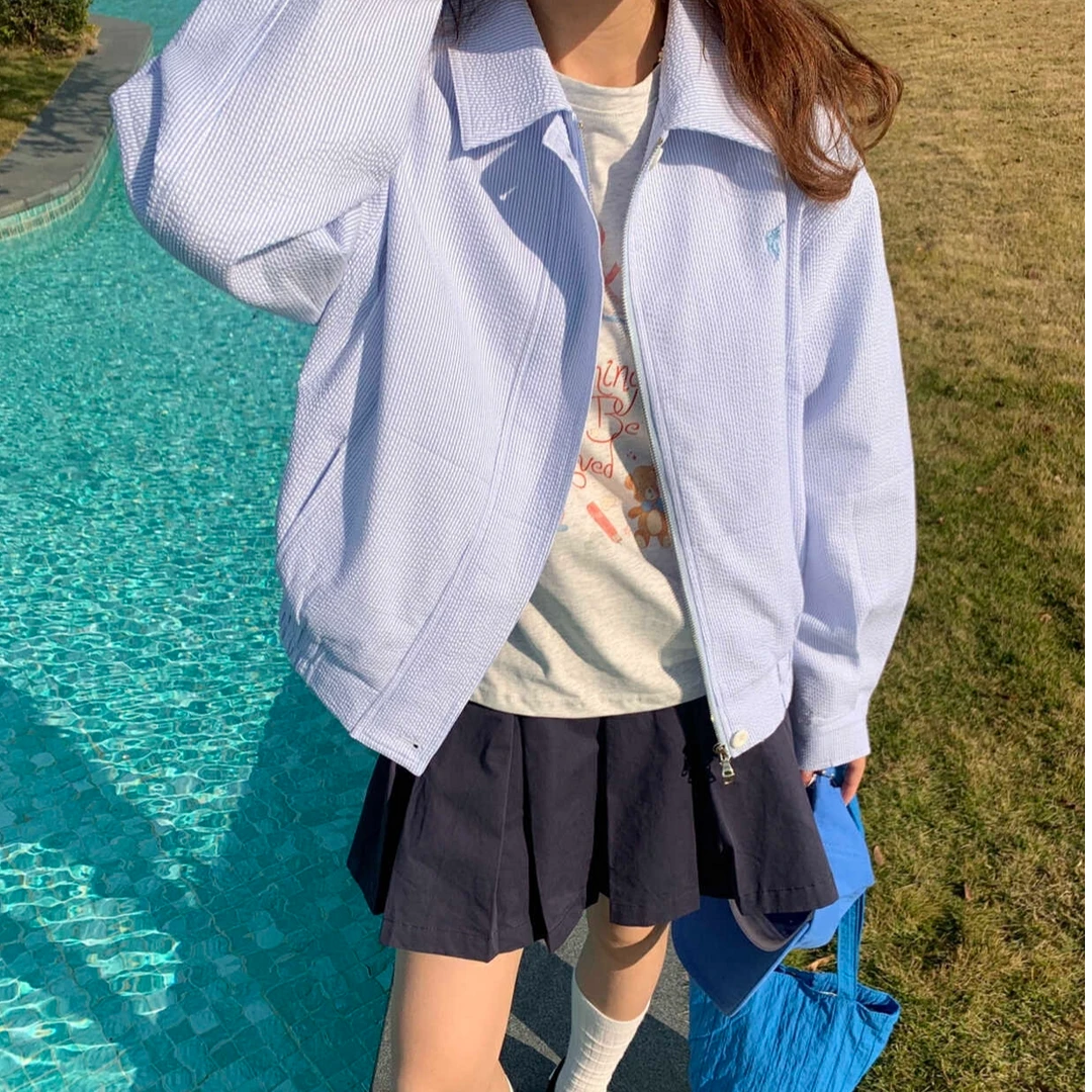 南韩街头 韩系刺绣条纹洋气短外套