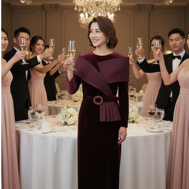 如翡2025冬季丝绒礼服婚礼喜婆婆气质显瘦婚宴结婚优雅礼服宴会裙