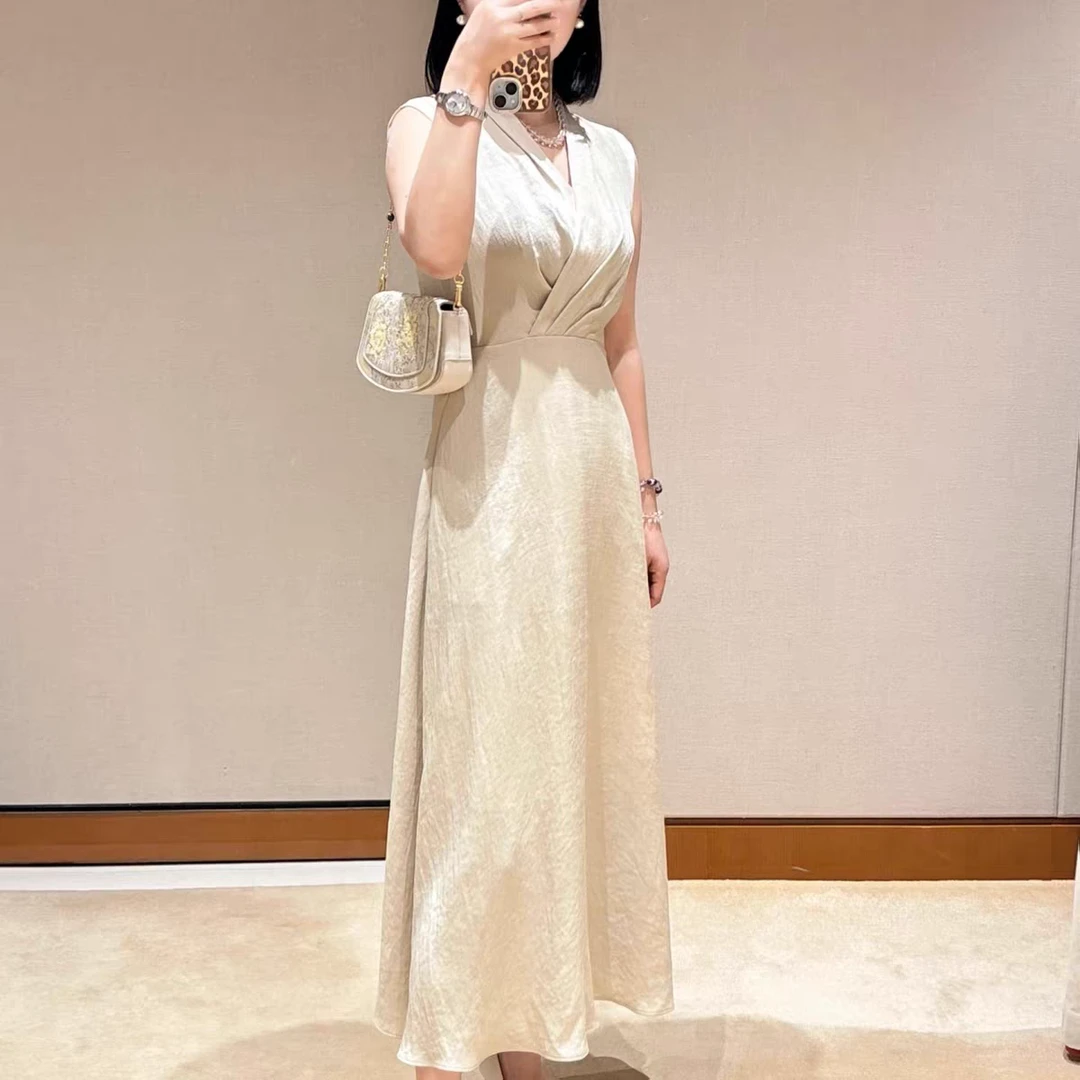 2025夏季新款女装优雅知性V领麻感三醋酸收腰无袖连衣裙裙子