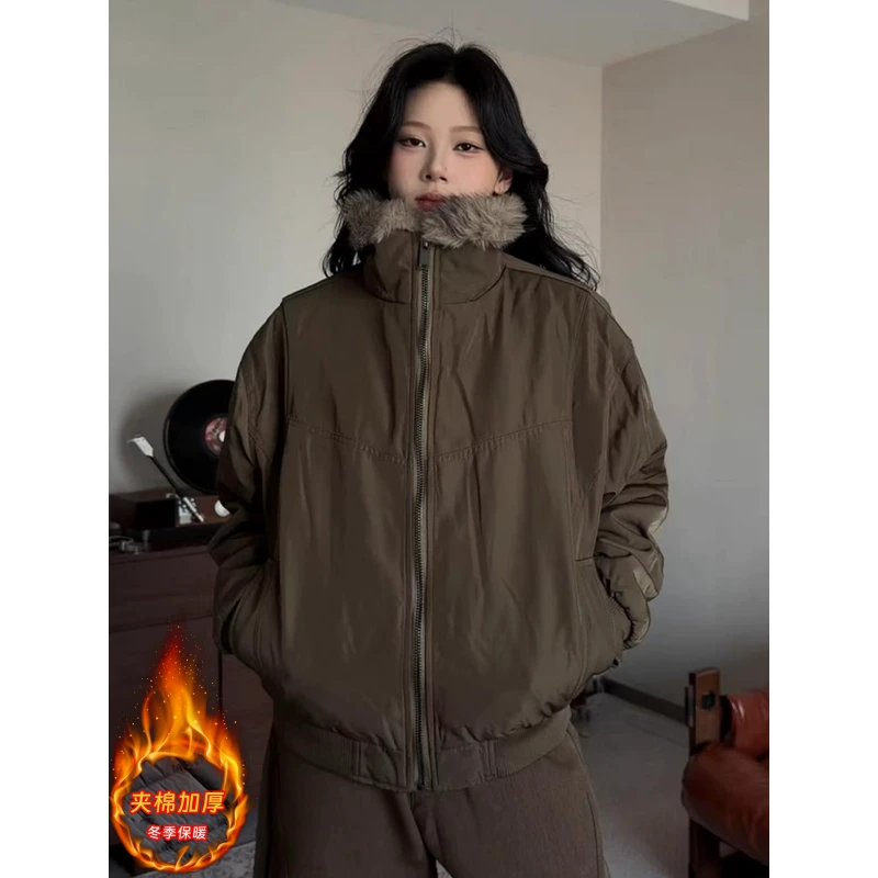 特大码300斤座山雕毛领棉服男女秋冬装加绒加厚高领解构工装外套2