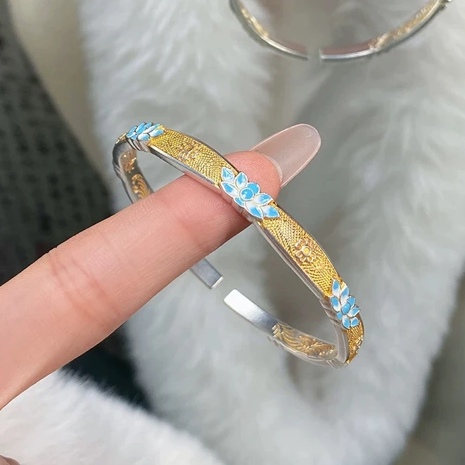 足银手镯 54号-珐琅蓝荷花【开口】手镯
