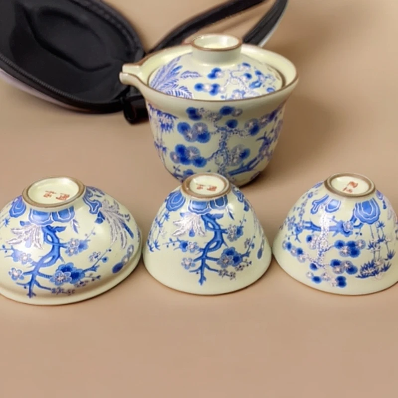 B0915陶栖岁寒三友一壶三杯一主人杯两客杯旅行套装套组