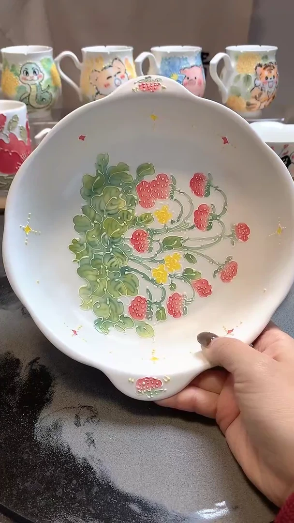 一味*手绘*双耳草莓盘