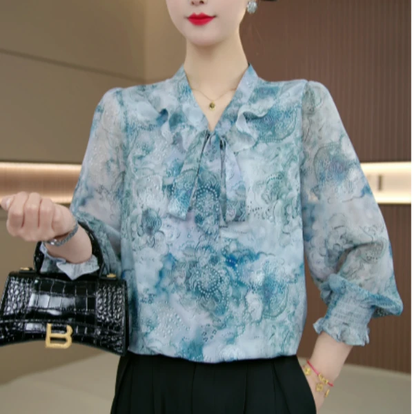 DY882气质长袖法式衬衫2025新款优雅飘带小衫时尚显瘦上衣