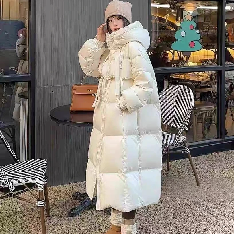 2025连帽女保暖长款宽松型耐磨羽绒服加厚过膝韩版网红
