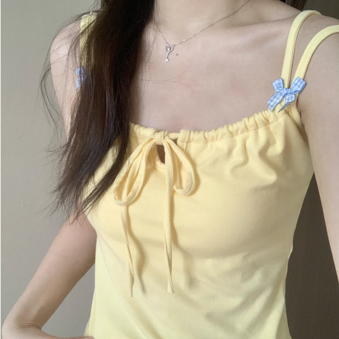 甜美风辣妹蝴蝶结带胸垫吊带背心女夏季遮肉别致小众美背女上衣