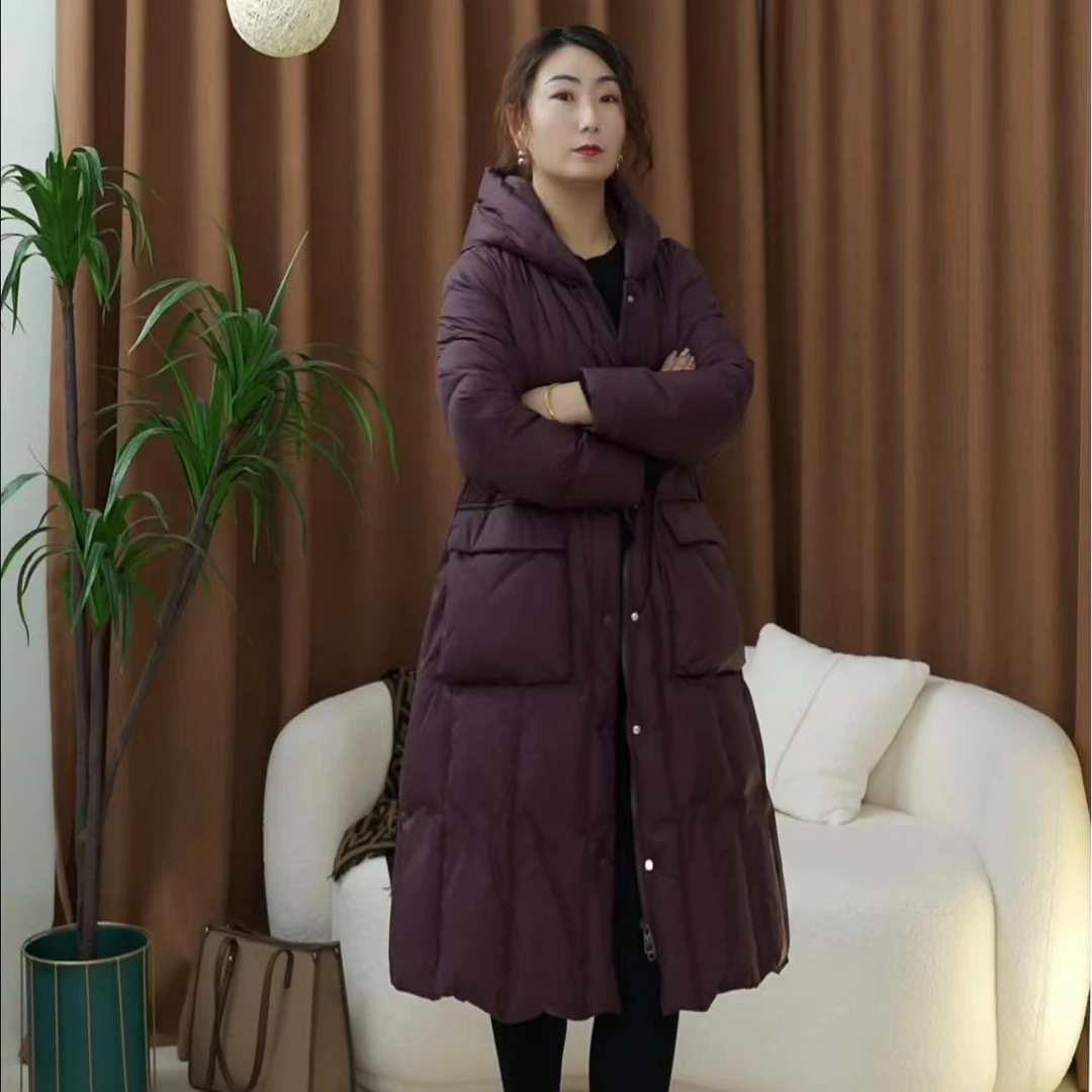 韩版气质百搭时尚宽松休闲显瘦女士保暖连帽过膝外套羽绒服女