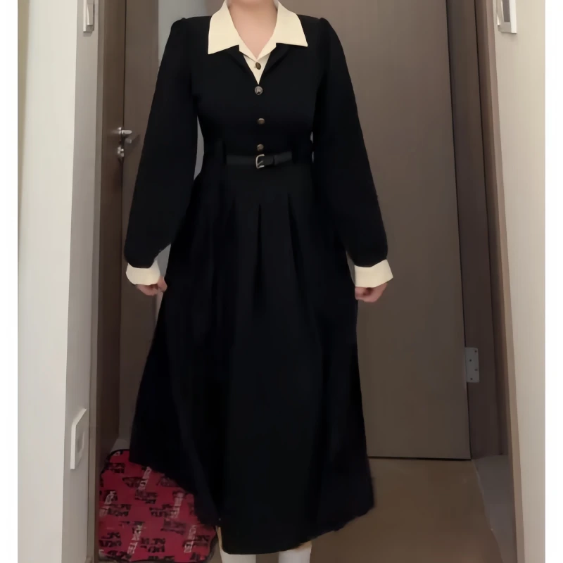 早秋黑色时尚法式假两件连衣裙韩版胖mm气质polo领收腰显瘦连衣裙