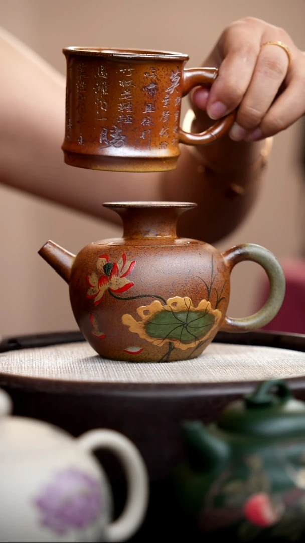 茶壶紫砂柴烧公道壶泥绘荷花+杯015
