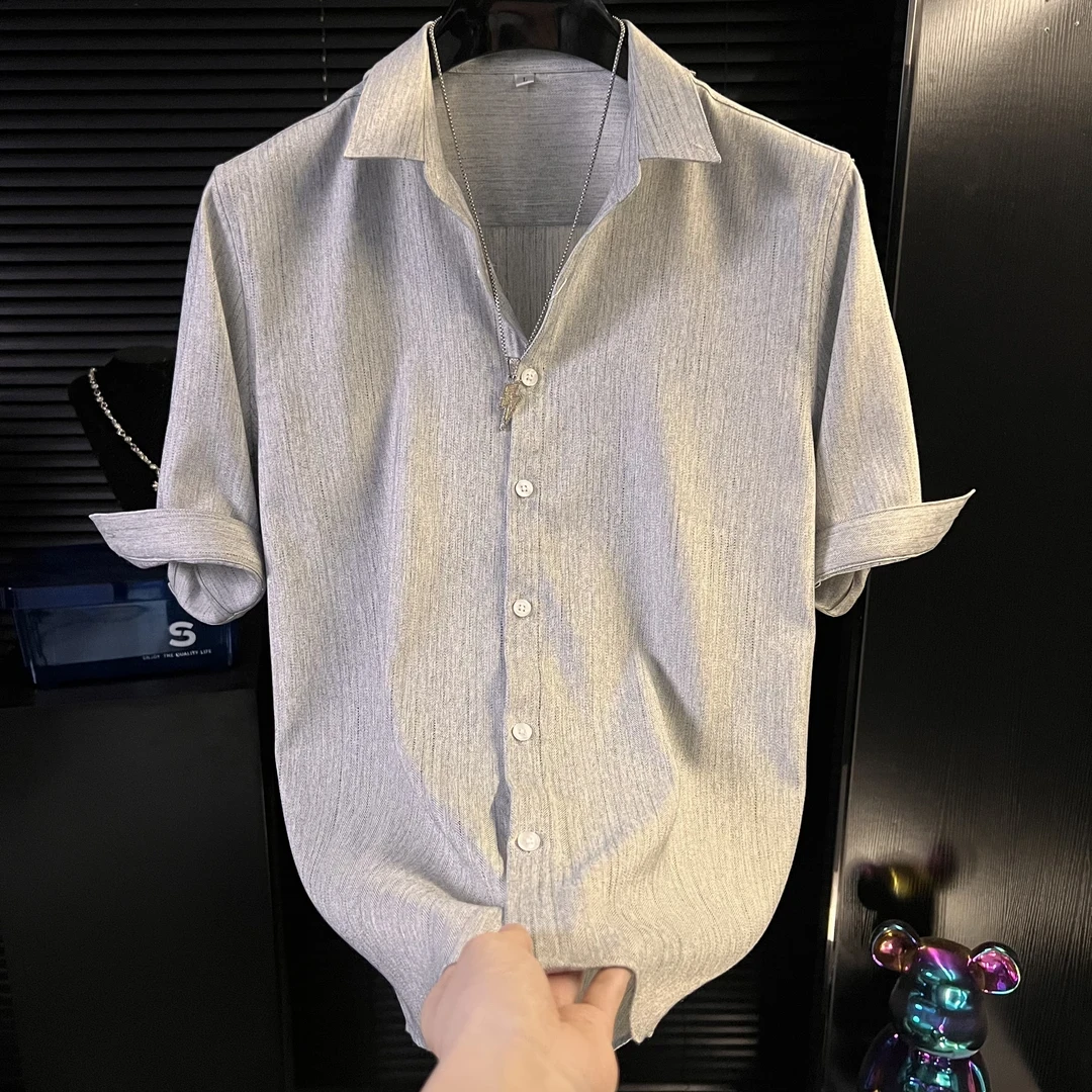 夏季七分袖衬衫男士韩版修身高级感男装新款商务休闲条纹短袖衬衣