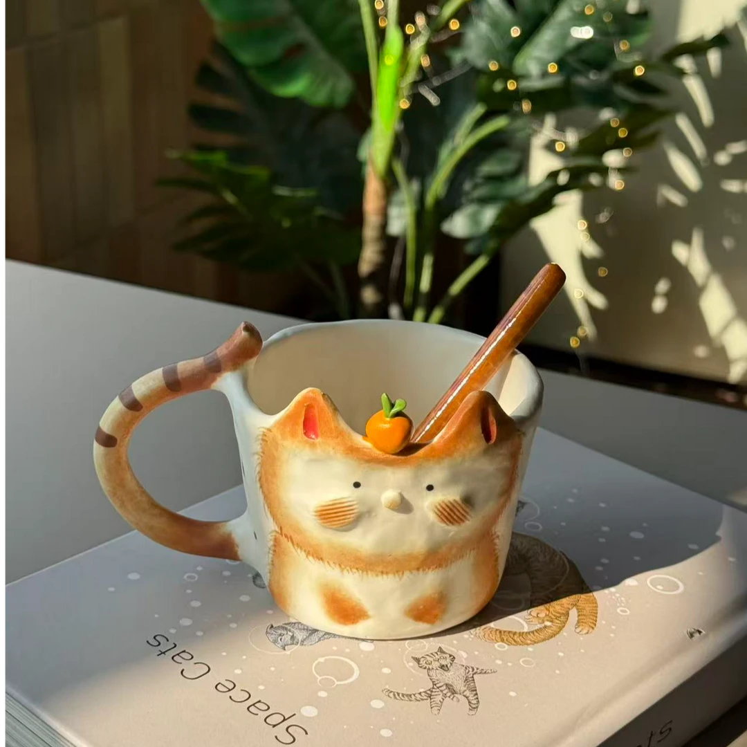 黄色橘子小猫把手杯