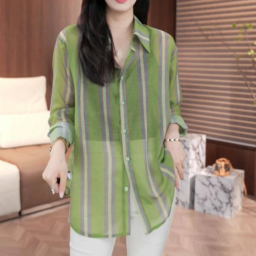 设计感条纹翻领长袖衬衫女2025春夏季新款薄款韩版时尚百搭衬衣