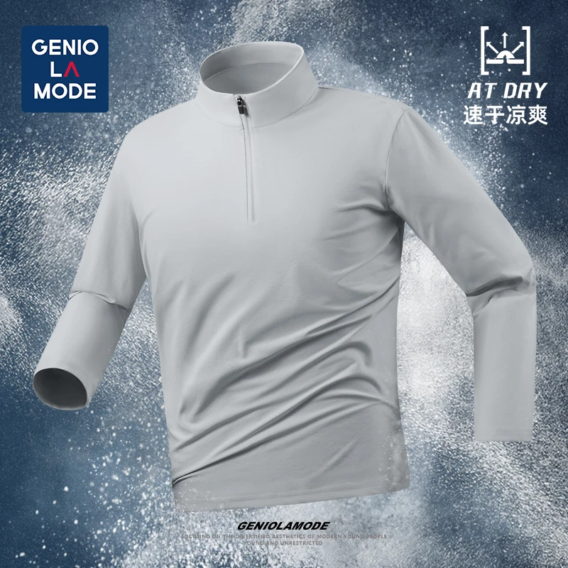 GENIOLAMODE速干运动长袖T恤男春2025新款灰色半拉链立领男士登山