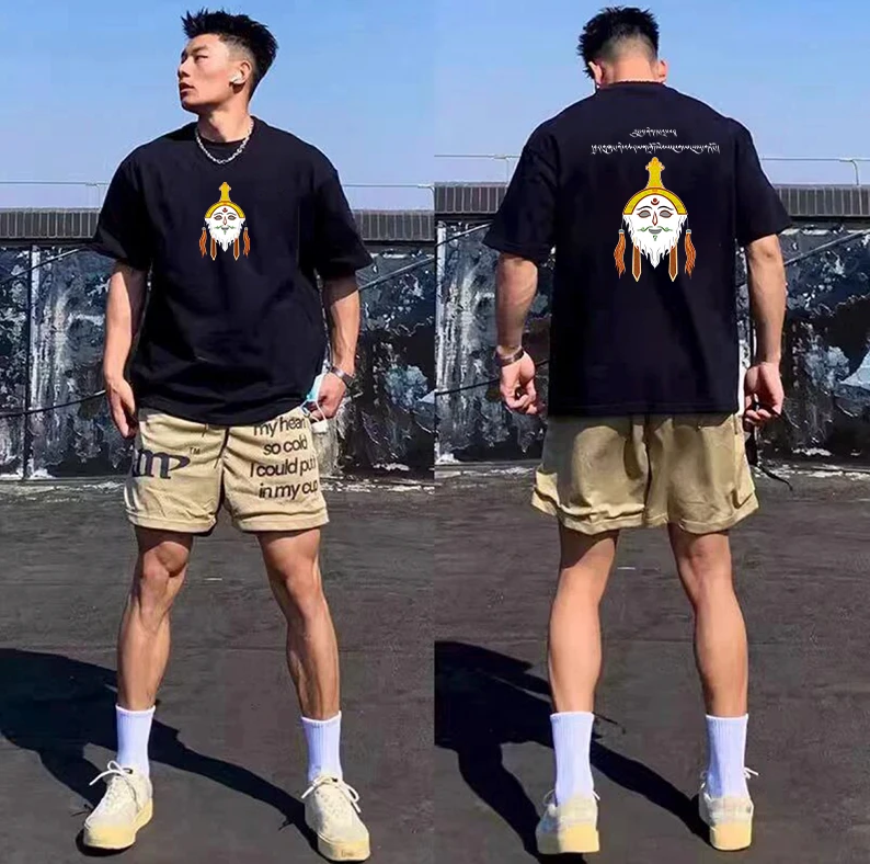 国潮藏文logo高级感印花短袖t恤夏季男士纯棉宽松圆领休闲透气T恤