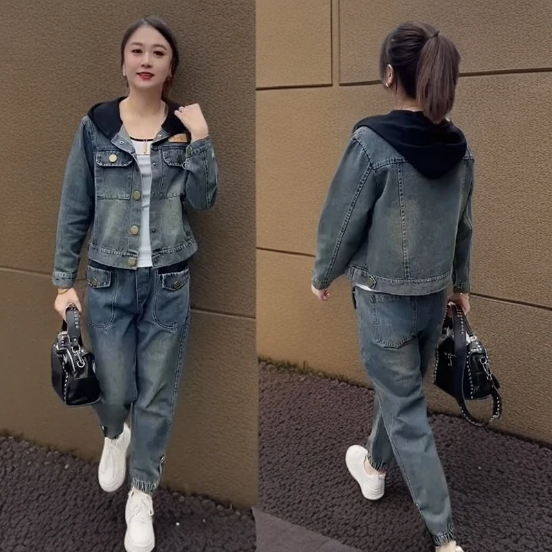 2025春季新款牛仔套装女显瘦时尚连帽大码百搭宽松洋气休闲两件套