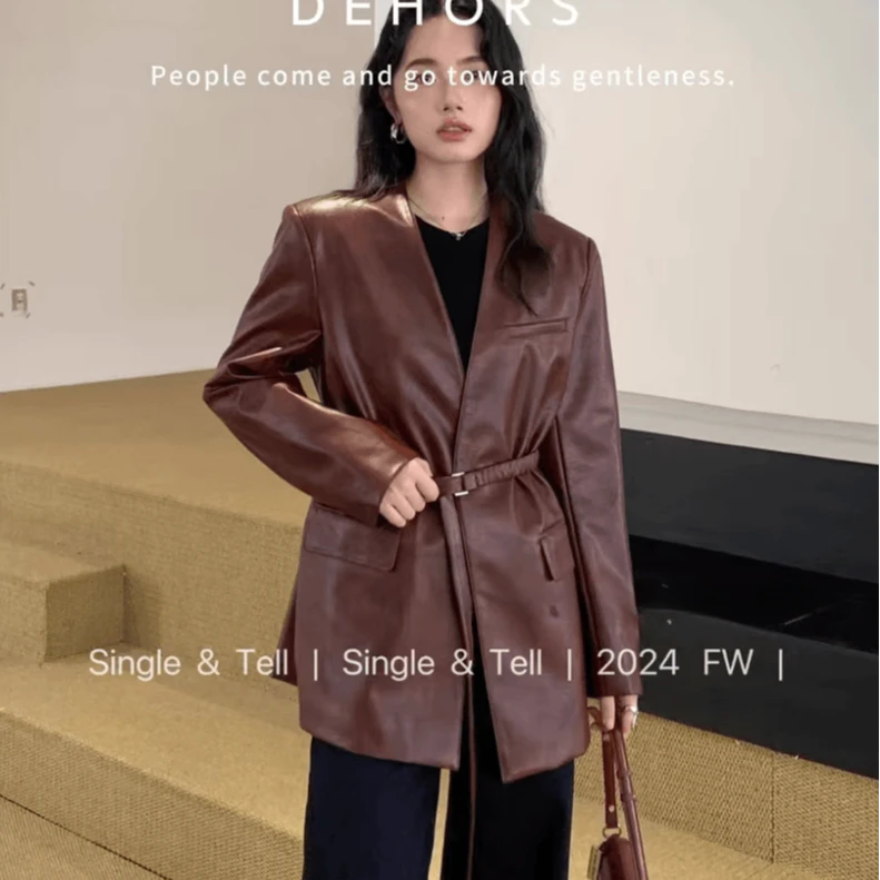 中长款V领系带收腰皮衣西装外套女2024秋美式辣妹显瘦pu夹克大衣