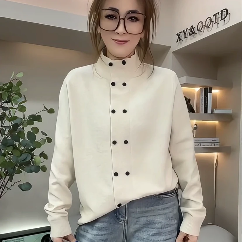 纯色立领双排扣针织开衫女秋冬宽松百搭毛衣外套时尚款减龄感上衣