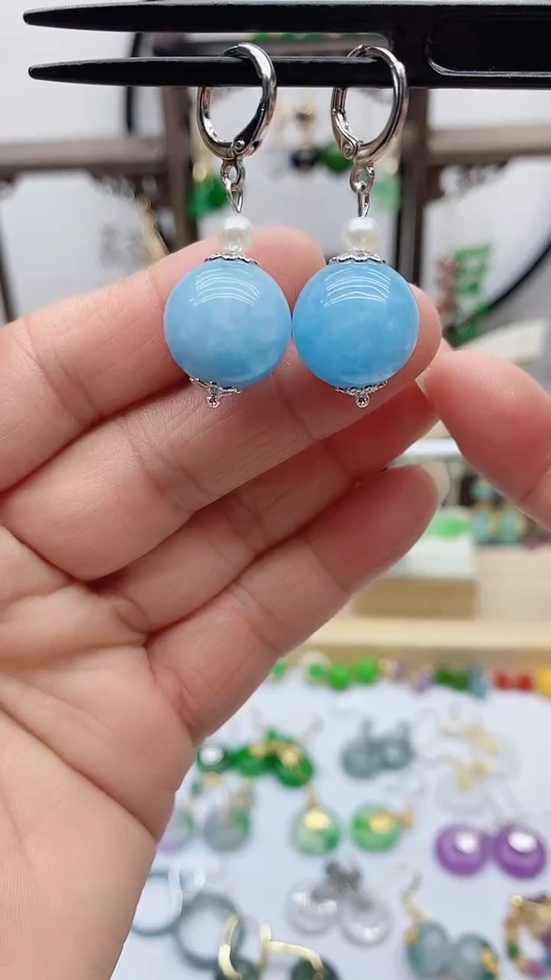 银S925镶嵌耳饰海蓝宝石195