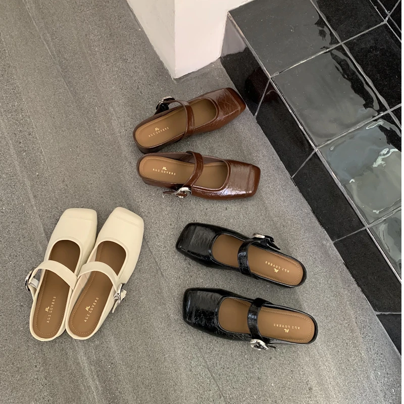 内增高方头包头半拖鞋2025春季新款韩版复古外穿凉拖