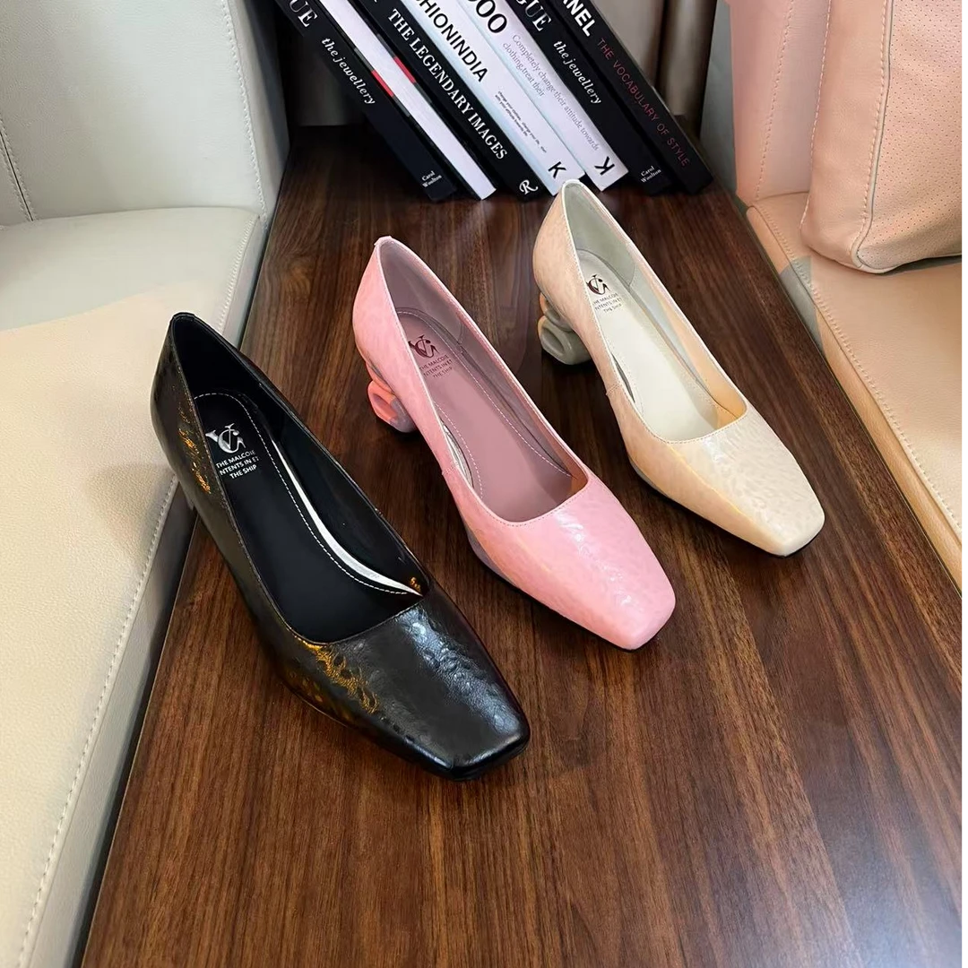 范戈希牛皮跟6cm春方头粗跟浅口法式单鞋时尚春季气质跟鞋买1赠3