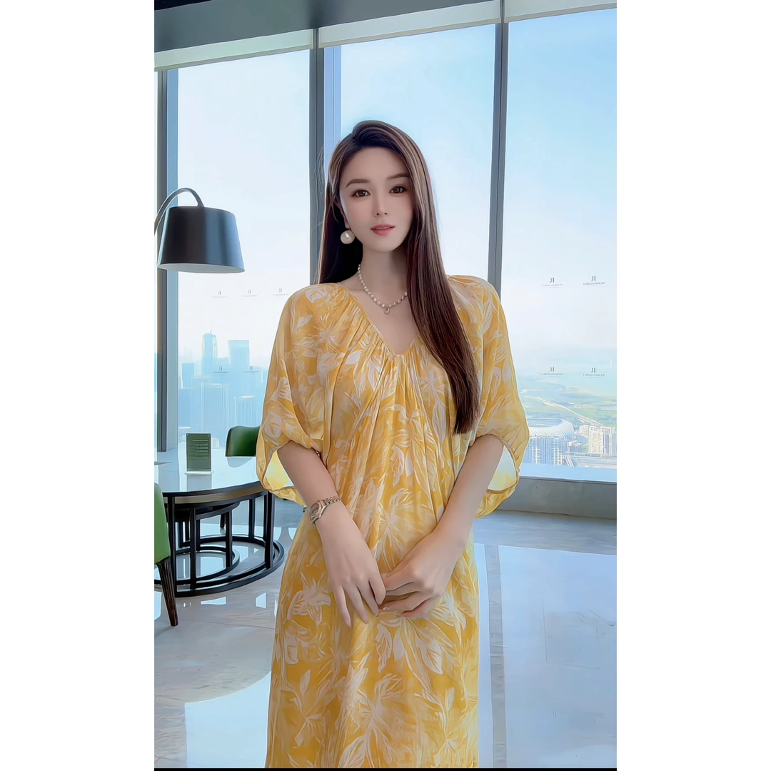 【深圳米熙儿】100%桑蚕丝法式高端女神范V领时尚印花连衣裙25002