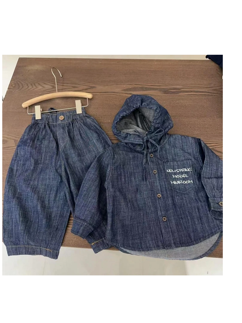 2025儿童春秋季韩版时尚男童休闲宽松女童连帽牛仔套装潮