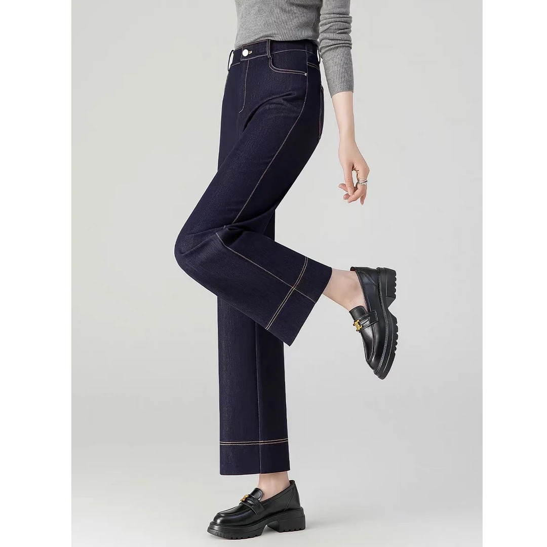 春夏新款桑蚕 丝丹宁蓝牛仔直筒裤休闲阔腿裤