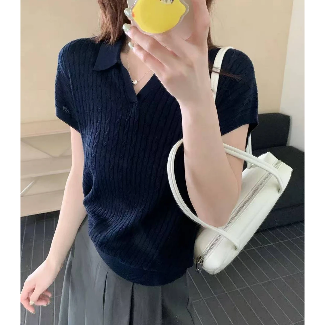 【麻花剪刀翻领】夏季薄款麻花纯色剪刀翻领显瘦气质针织短袖1785