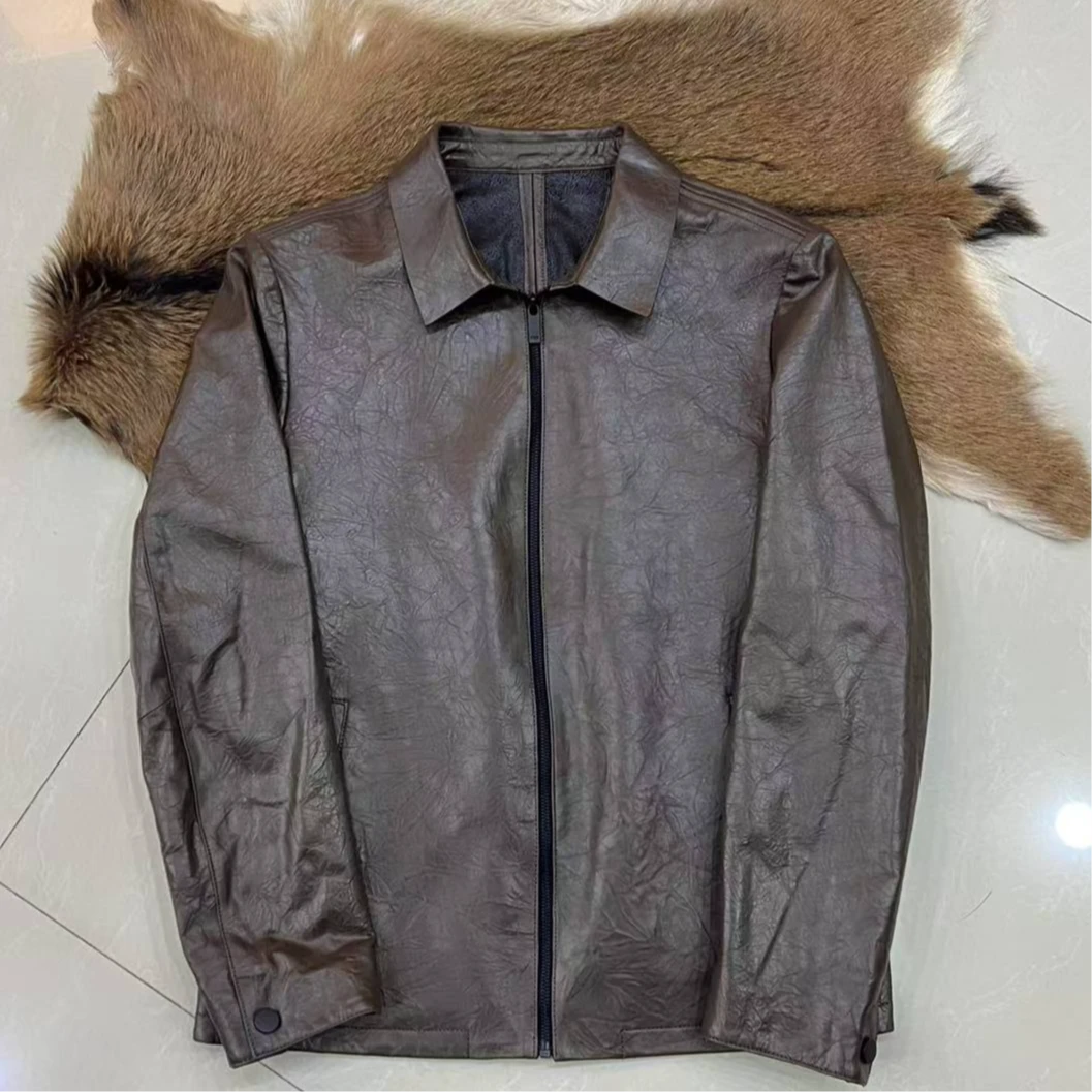 羊皮时尚翻领休闲皮衣A002棕