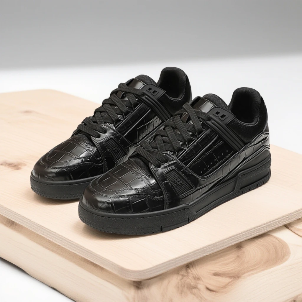 2025高档新款秋季男士真皮黑色时尚石头纹透气运动鞋休闲板鞋男鞋