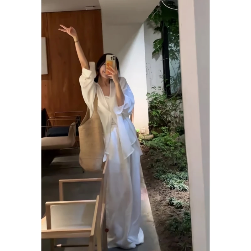 气质时尚衬衫休闲长袖防晒衫百搭薄款阔腿休闲裤子两件套