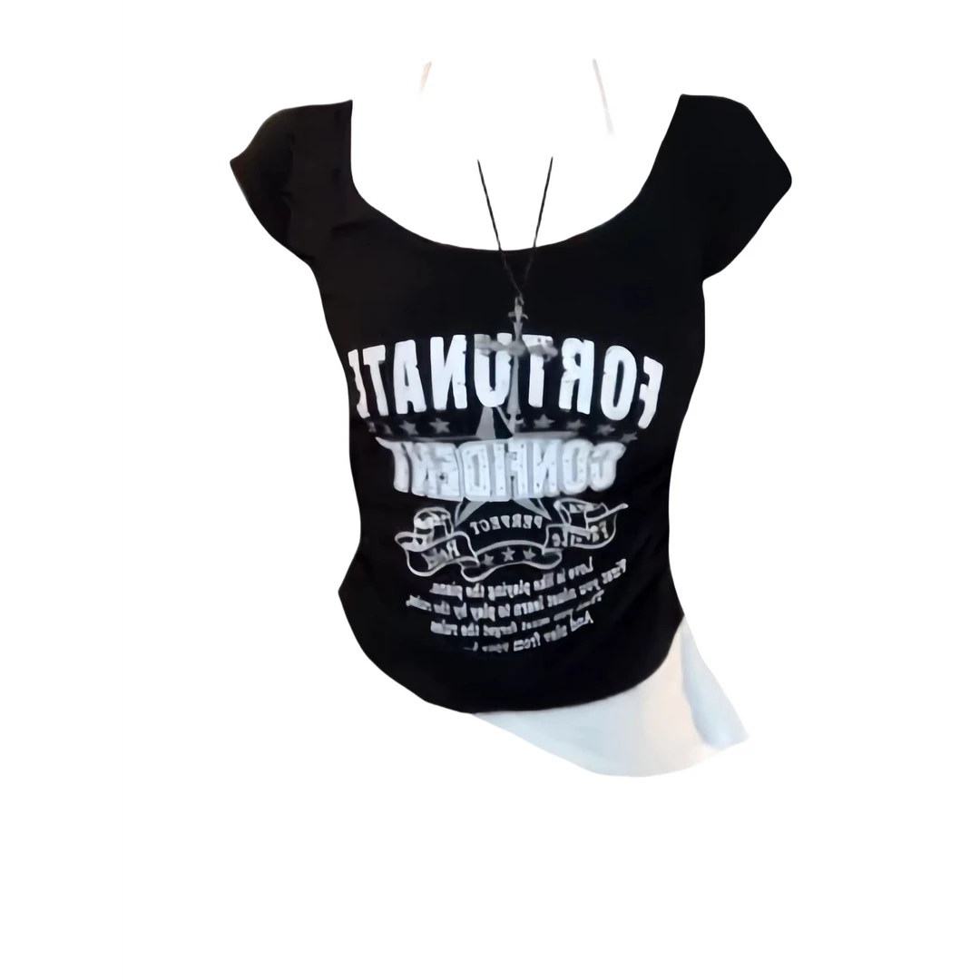 大宝家《夜风女孩》假两件字母挂脖短袖T恤女夏季设计感修身T.