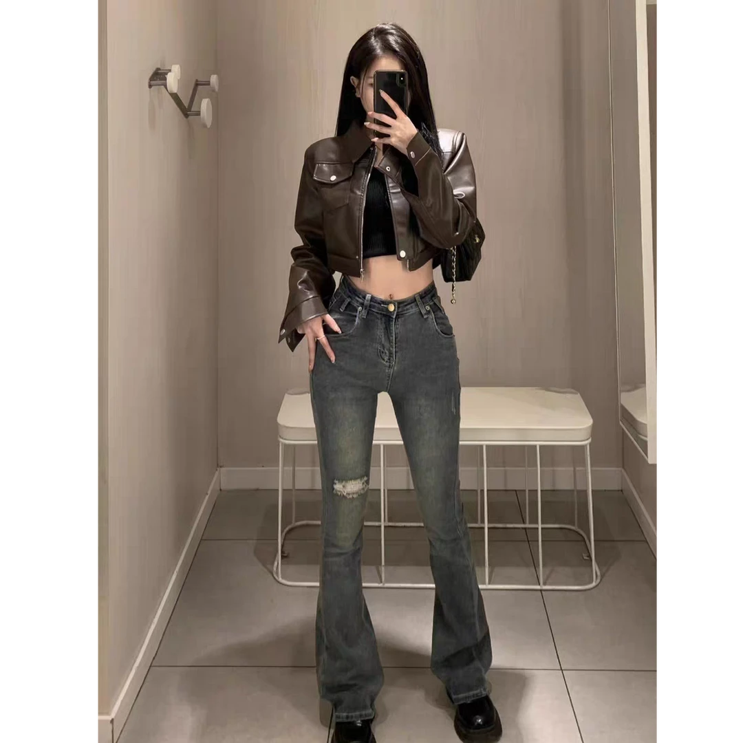 美式复古甜酷辣妹风咖色皮衣外套女秋装美拉德设计感机车夹克上衣