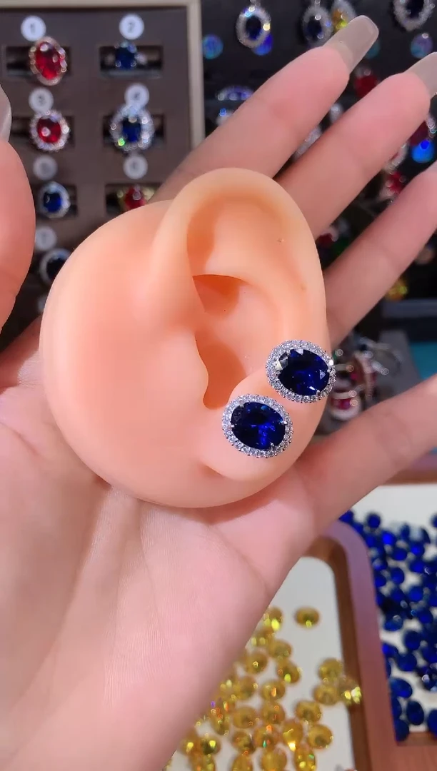 耳饰蓝宝石银S925镶嵌810白