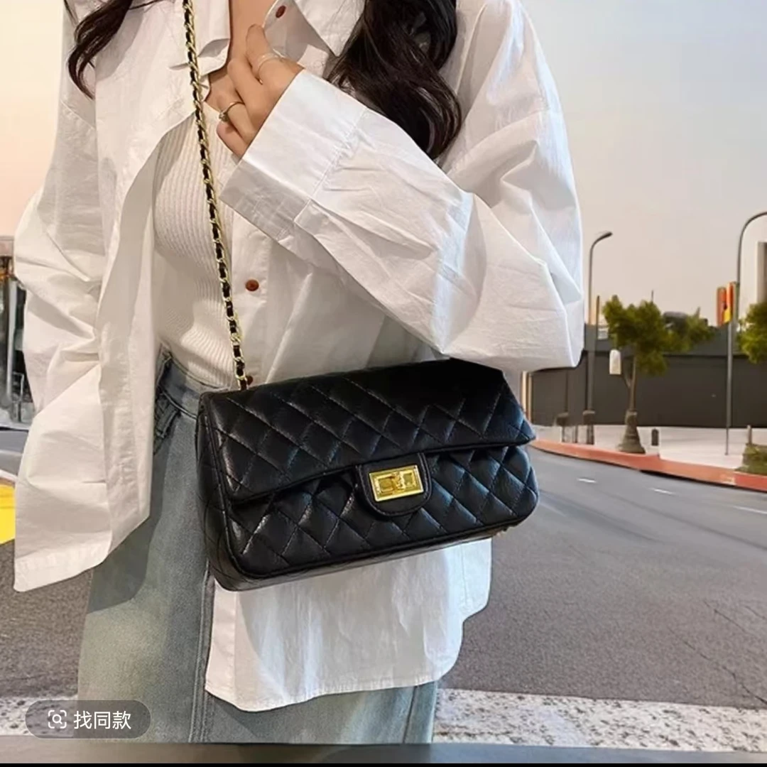 全皮小香风菱格链条包斜挎高级质感小众女包轻奢