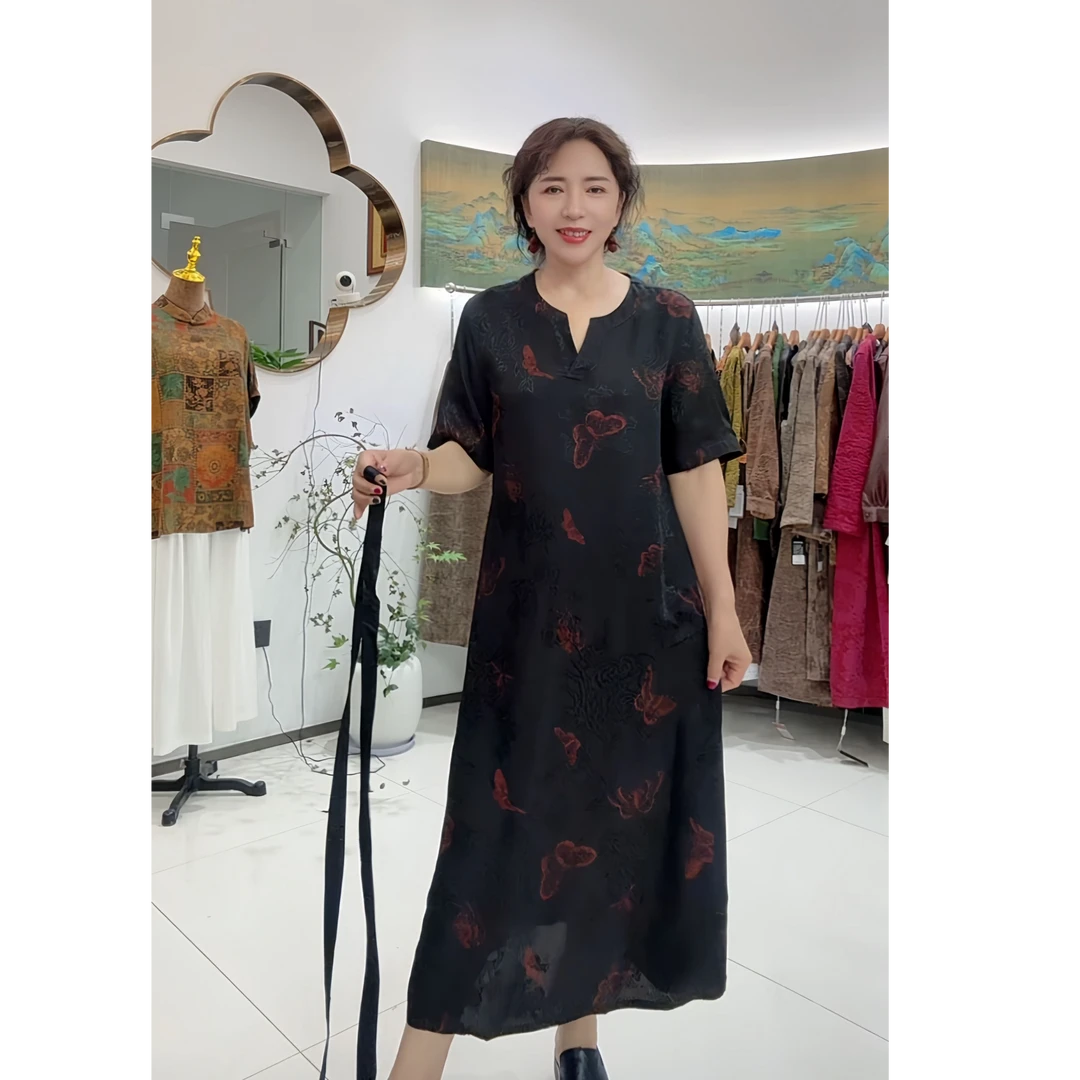 【墨绛蝶恋】新中式双面时尚夏季经典复古显瘦中长裙65-099墨绛蝶恋