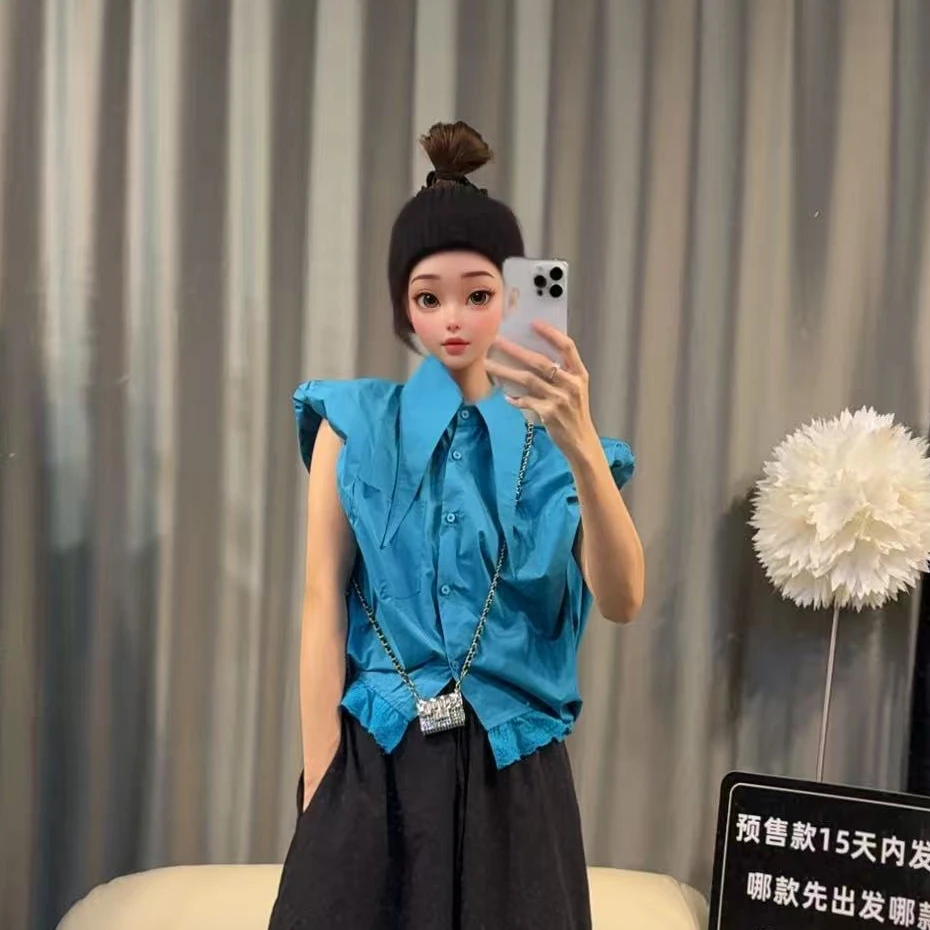 【文乐乐】夏季新款韩版个性减龄拿褶袖口洋气尖领时尚潮流衬衫3738