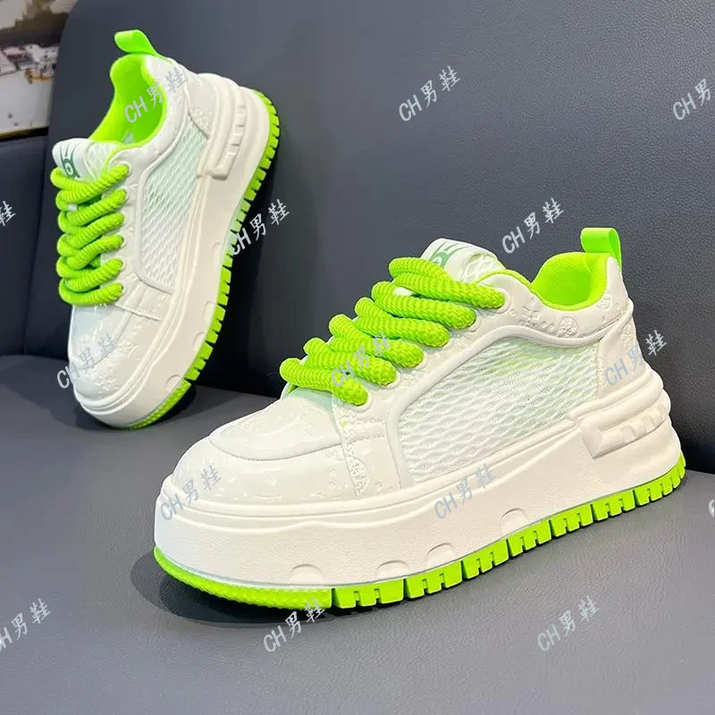 男鞋2025网面春秋季透气百搭厚底潮鞋增高低帮系带薄款男生休闲鞋