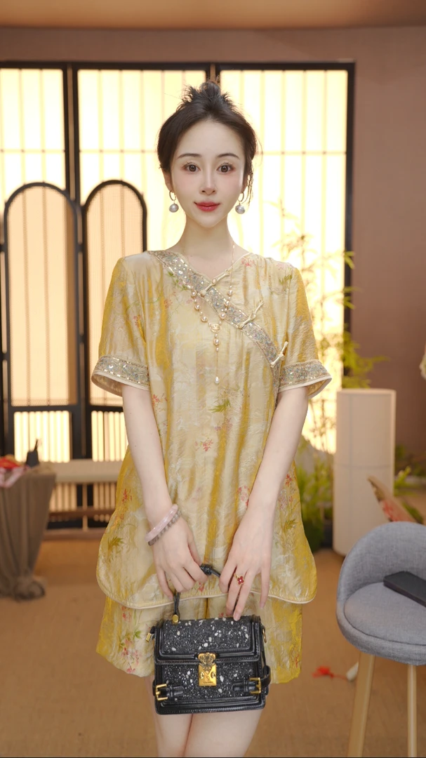 新中式2025夏季气质百搭提花立领短袖上衣裤子女FB2506131