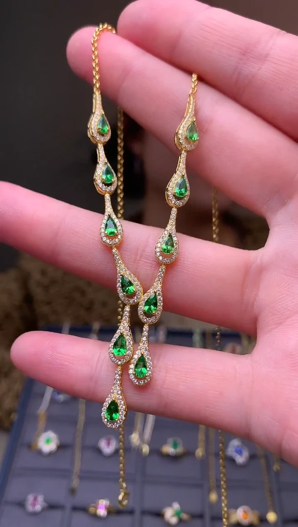 银S925镶嵌颈饰石榴石（沙弗莱）项链