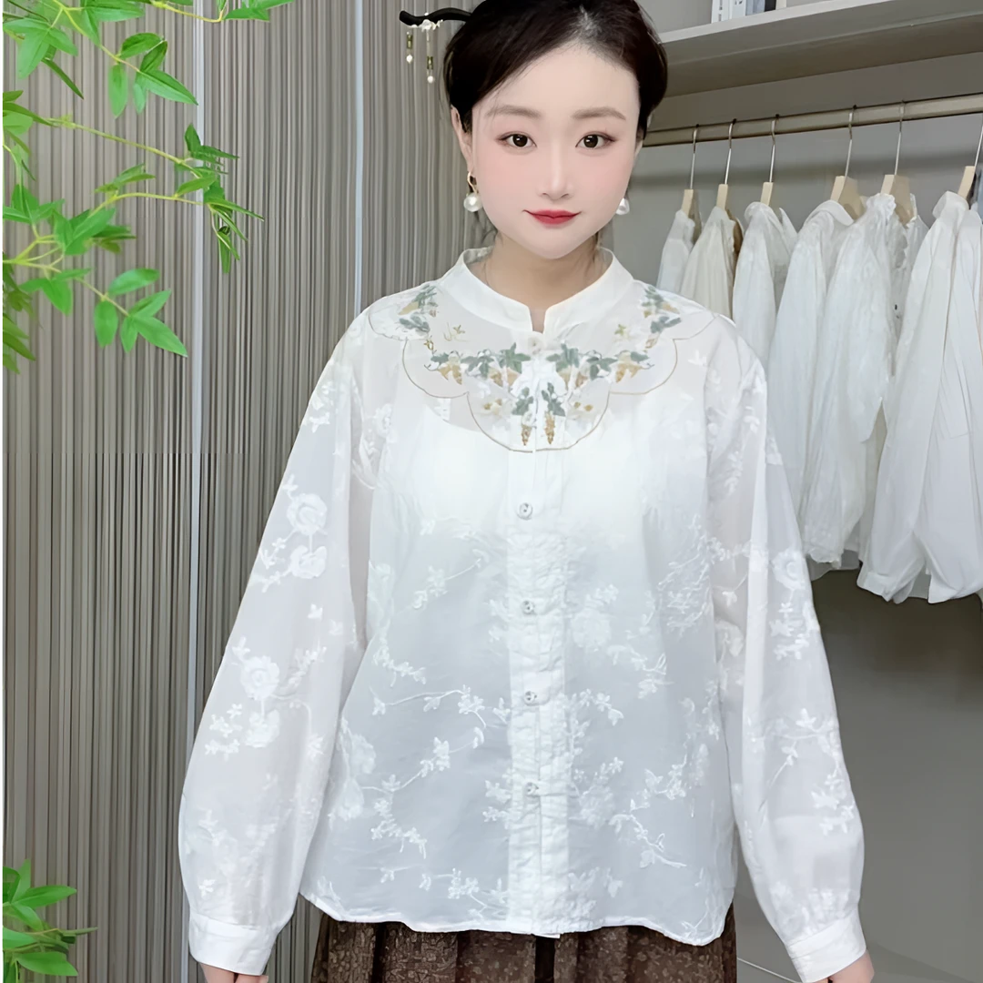 蒂飞诗春新款森系复古花朵刺绣立领宽松减龄长袖衬衫时尚百搭