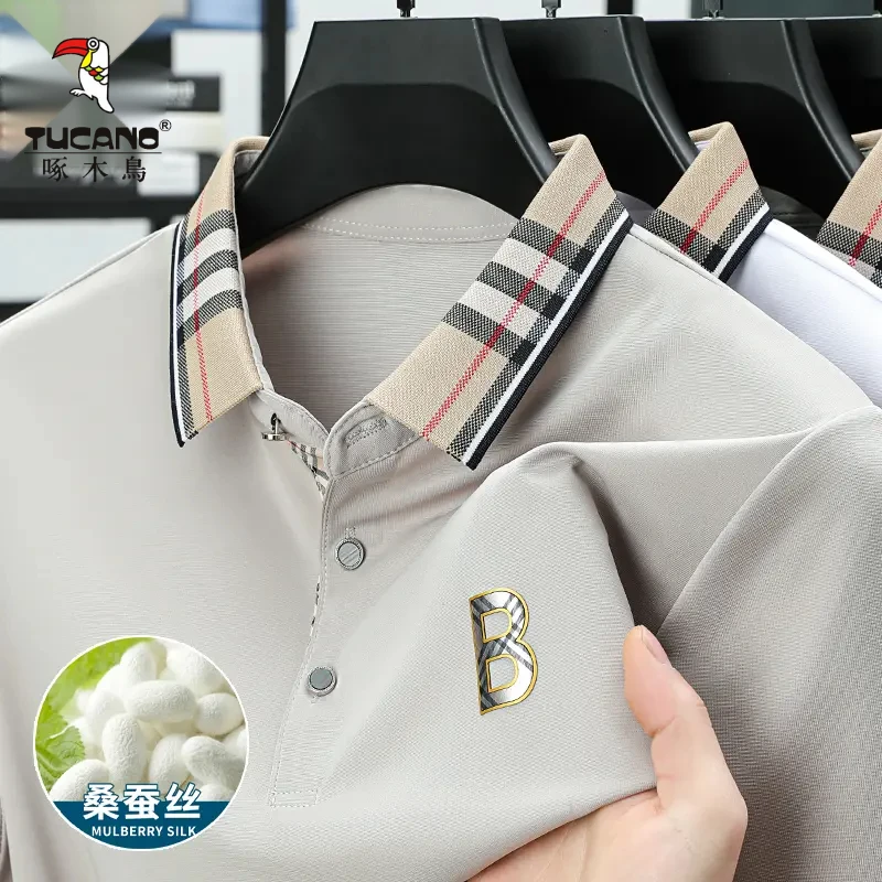 啄木鸟夏季凉感桑蚕丝短袖T恤商务休闲男士半袖百搭翻领纯色POLO