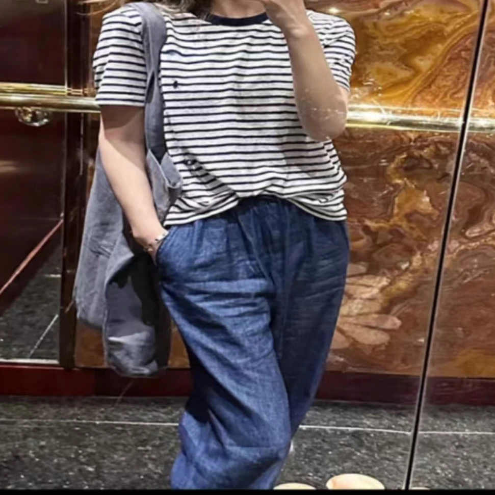 条纹圆领标准显瘦短袖时尚T恤休闲百搭高腰宽松26A708051