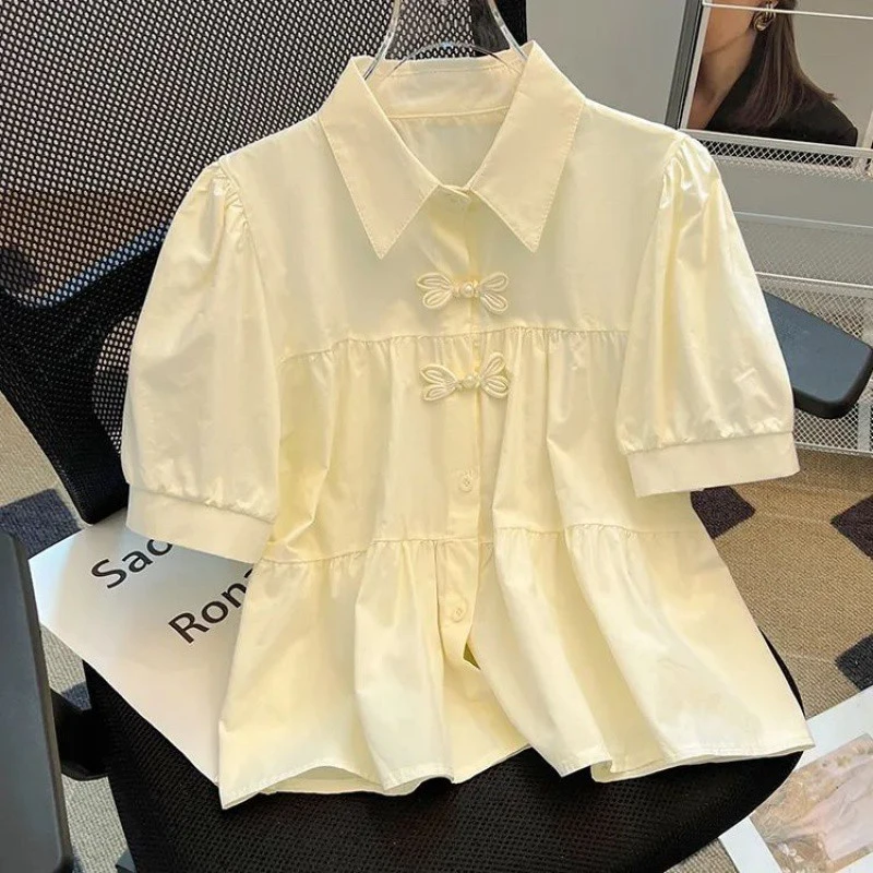 新中式国风盘扣收腰气质短袖衬衫女夏季新款小众洋气宽松显瘦T恤